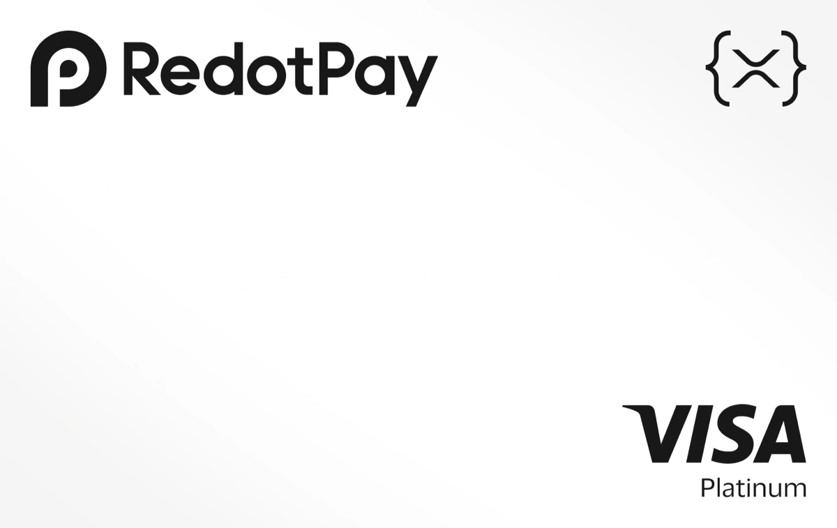 Tarjeta RedotPay blanca con logo de XRP Ledger y Visa Platinum