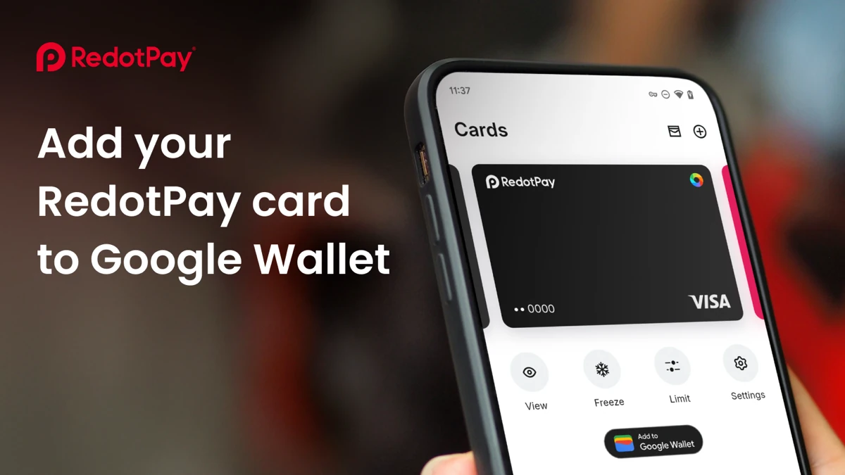 Teléfono mostrando la sección Tarjetas de RedotPay con el botón para agregar la tarjeta a Google Wallet