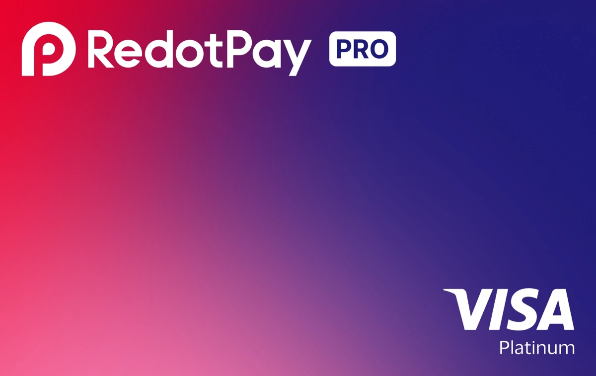 Tarjeta RedotPay Pro con degradado de rojo a azul y logo Visa Platinum
