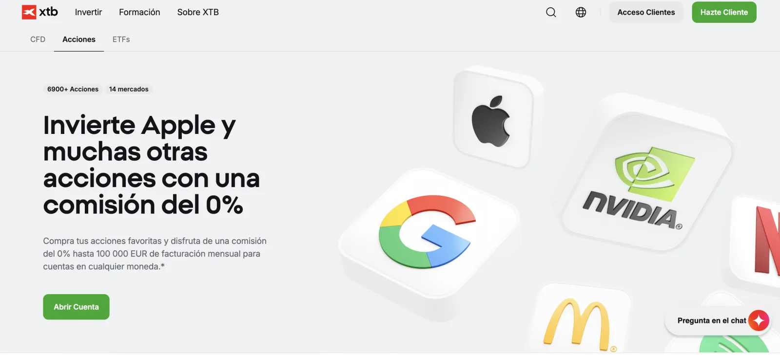 Página de XTB que muestra más de 6900 acciones en 14 mercados y 0 % de comisión hasta 100 000 euros al mes