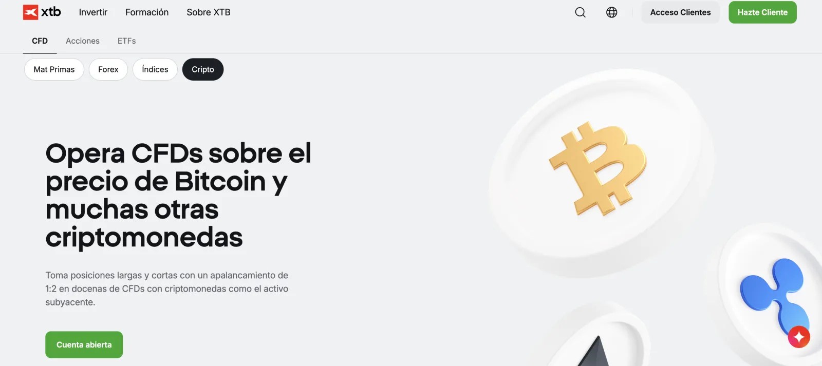 Página de XTB sobre CFD de criptomonedas con apalancamiento 1:2