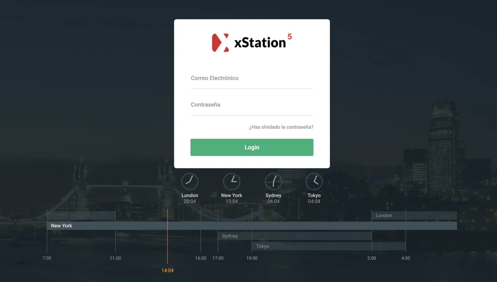 Pantalla de inicio de sesión de xStation 5 con los relojes de los mercados